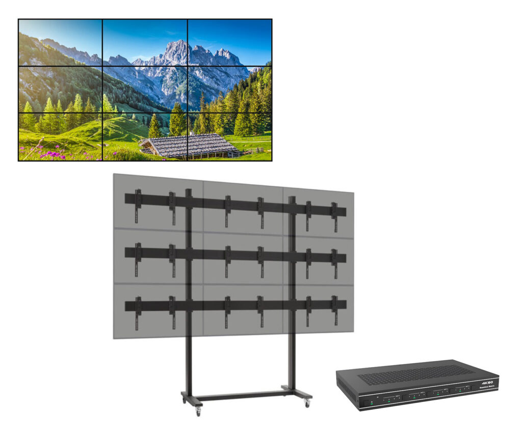 Solutie VideoWall cu baza mobila Vogel’s 3×3, 9 x Display-uri SMART Signage LG 55VL5PJ – Bezel 3.5mm edge to edge