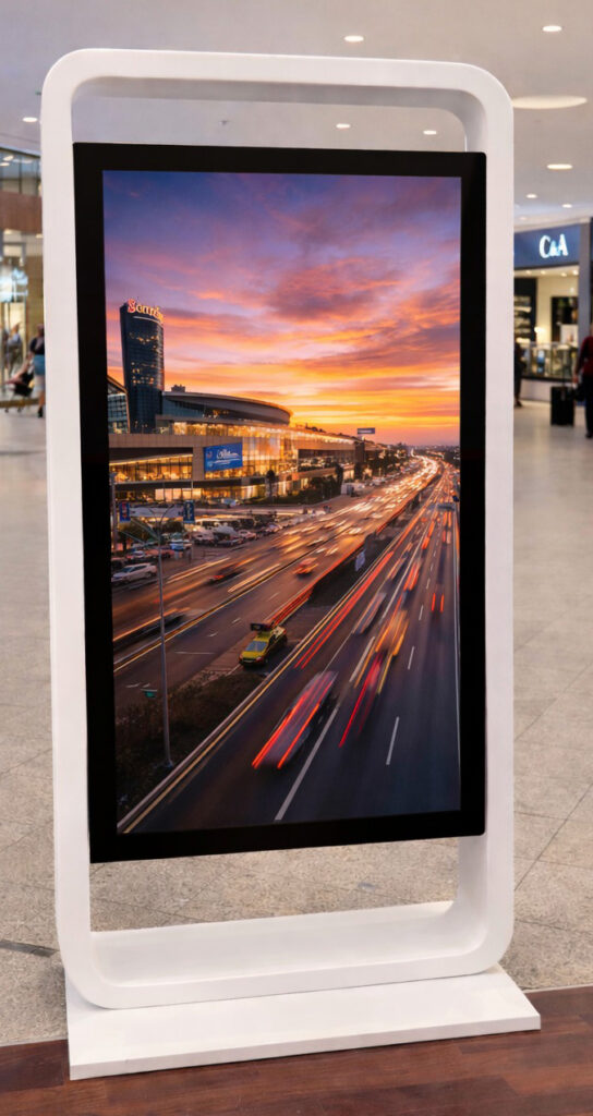 Kiosk / Totem Indoor back-to-back 75” – EVOBOARD dublu fara touch cu display 75″, 4K, 500cd, Android 11, Alb