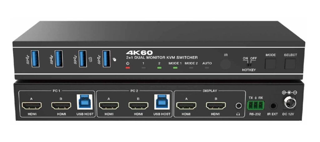 Switcher KVM 2×1, Dual HDMI 4K@60 Monitor, 18Gbps, HDCP2.3, HDR/HDR10/HDR10+/Dolby Vision, cu RS232 si telecomanda
