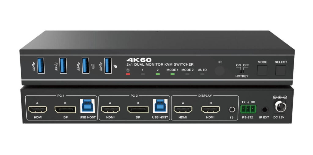 Switcher KVM 2×1,Dual=HDMI+DisplayPort=4K@60 Monitor,18Gbps,HDCP2.3,HDR/HDR10/HDR10+/Dolby Vision,RS232 si telecomanda