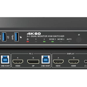 Switcher KVM 2x1,Dual=HDMI+DisplayPort=4K@60 Monitor,18Gbps,HDCP2.3,HDR/HDR10/HDR10+/Dolby Vision,RS232 si telecomanda