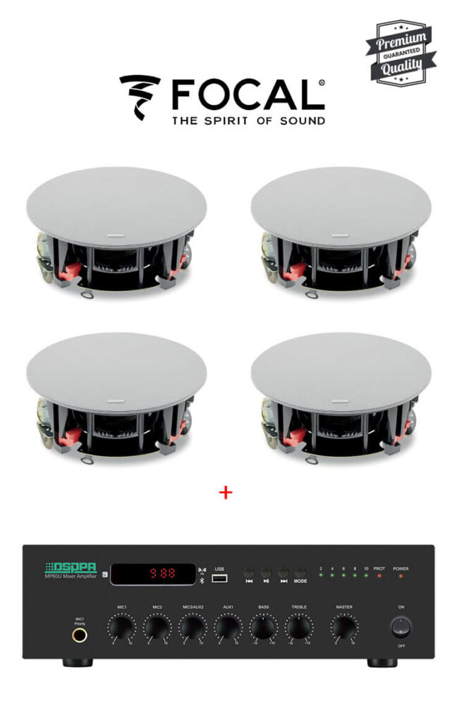 Sistem Sonorizare Premium 60W cu 4 boxe tavan FOCAL ICW 5-T si DSPPA MP60UB , Bluetooth, 100V
