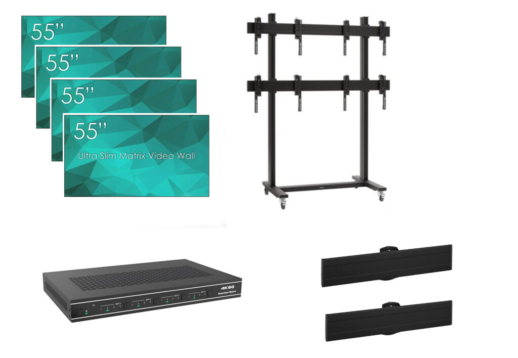 Solutie Videowall SWEDX 110” format 2 x 2, 4K Matrix controller 2 x 2, bezel 3.5mm, stand mobil